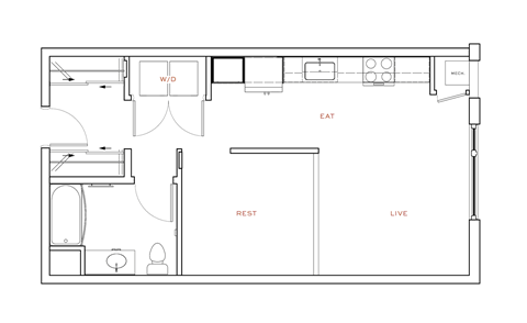 A floor plan of a room with a kitchen, living room, dining room, and bathroom.